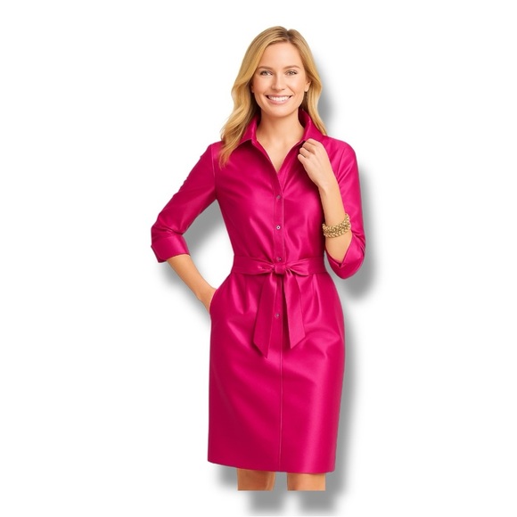 Talbots Dresses & Skirts - Talbots Fuchsia Pink 100% Silk Shirt Dress 16 – Belted Button Front